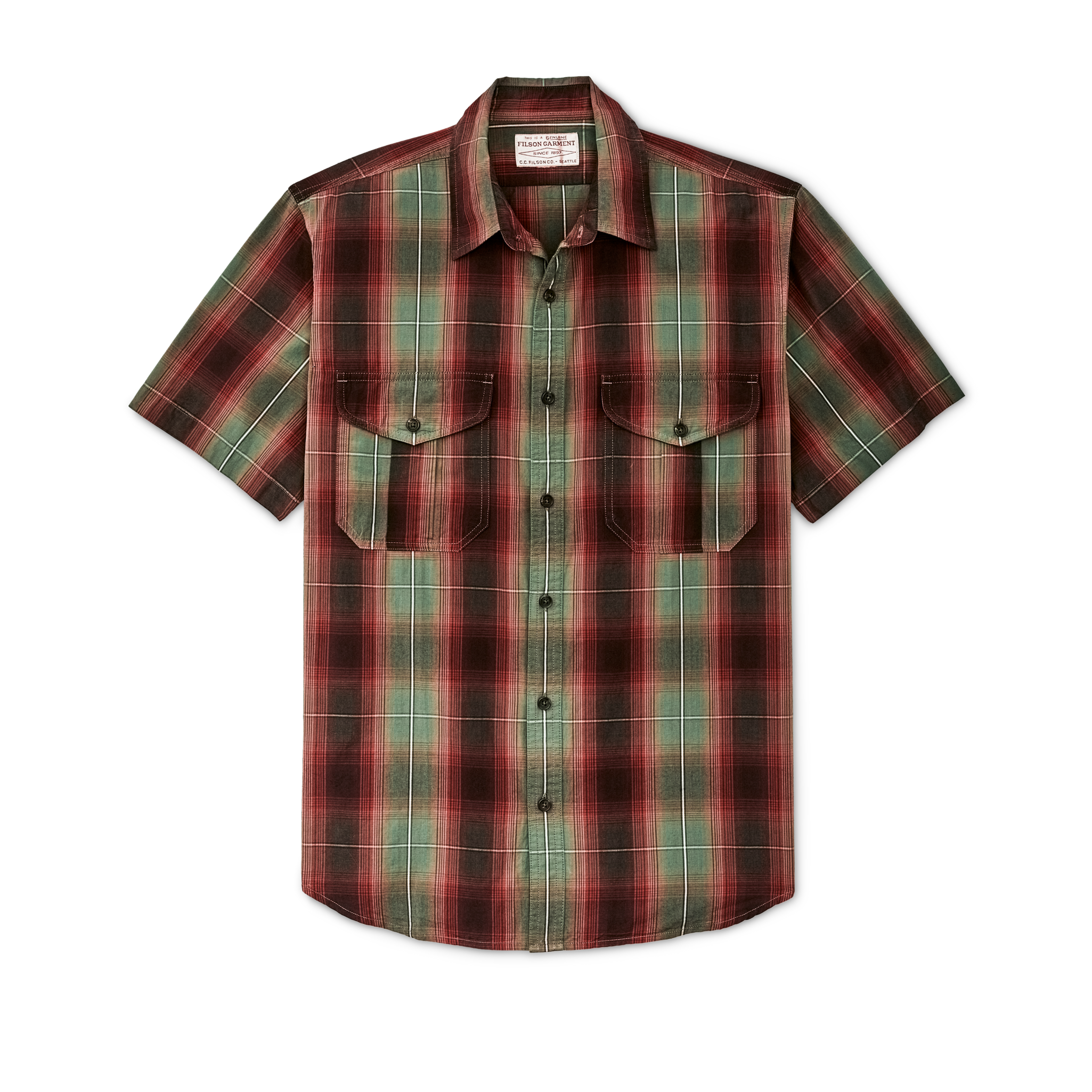 Filson's Washed Short Sleeve Feather Cloth Shirt - Green / Red / Black Ombre