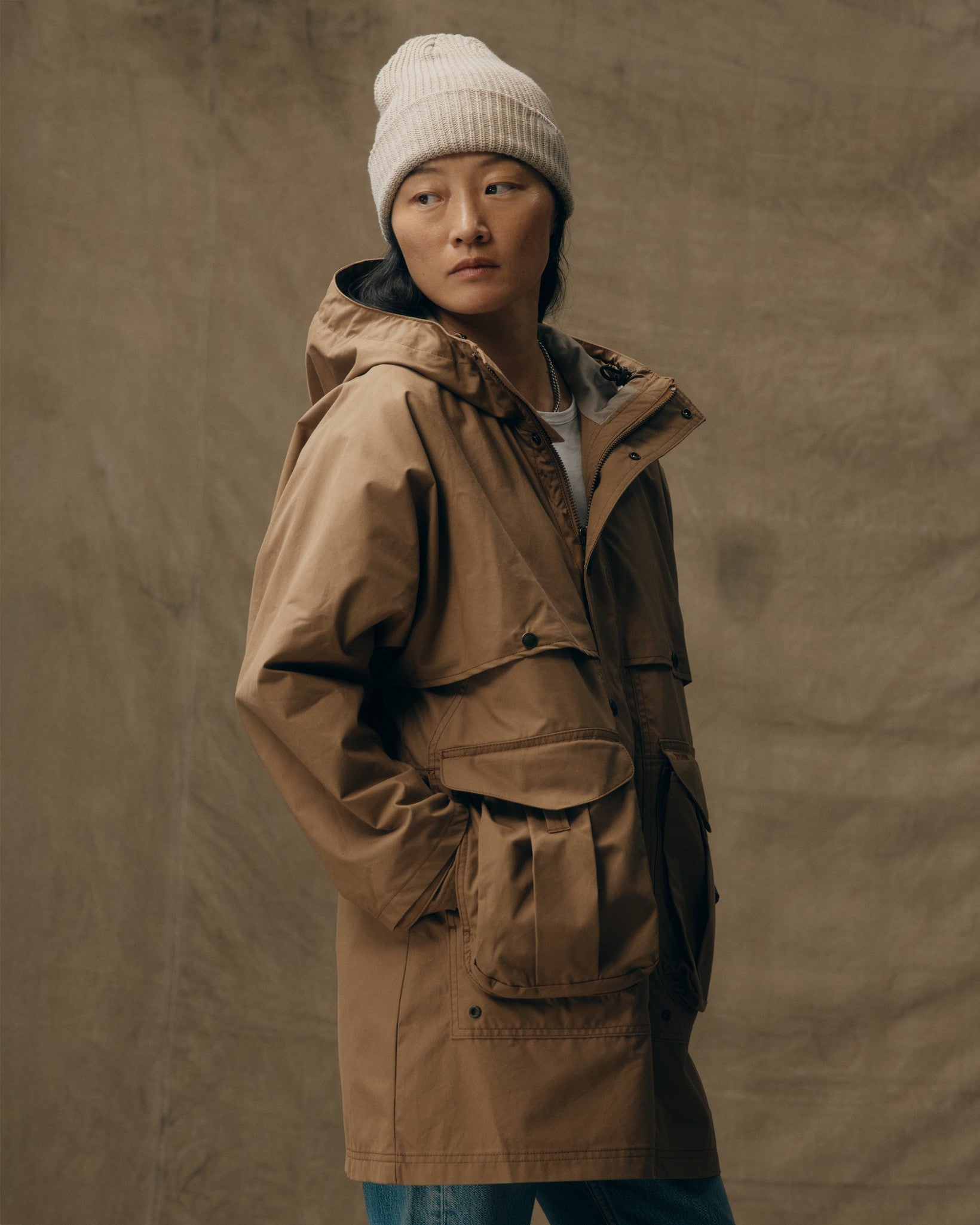 Women's Aviator Cloth Long Raincoat - Dark Tan - Image 6