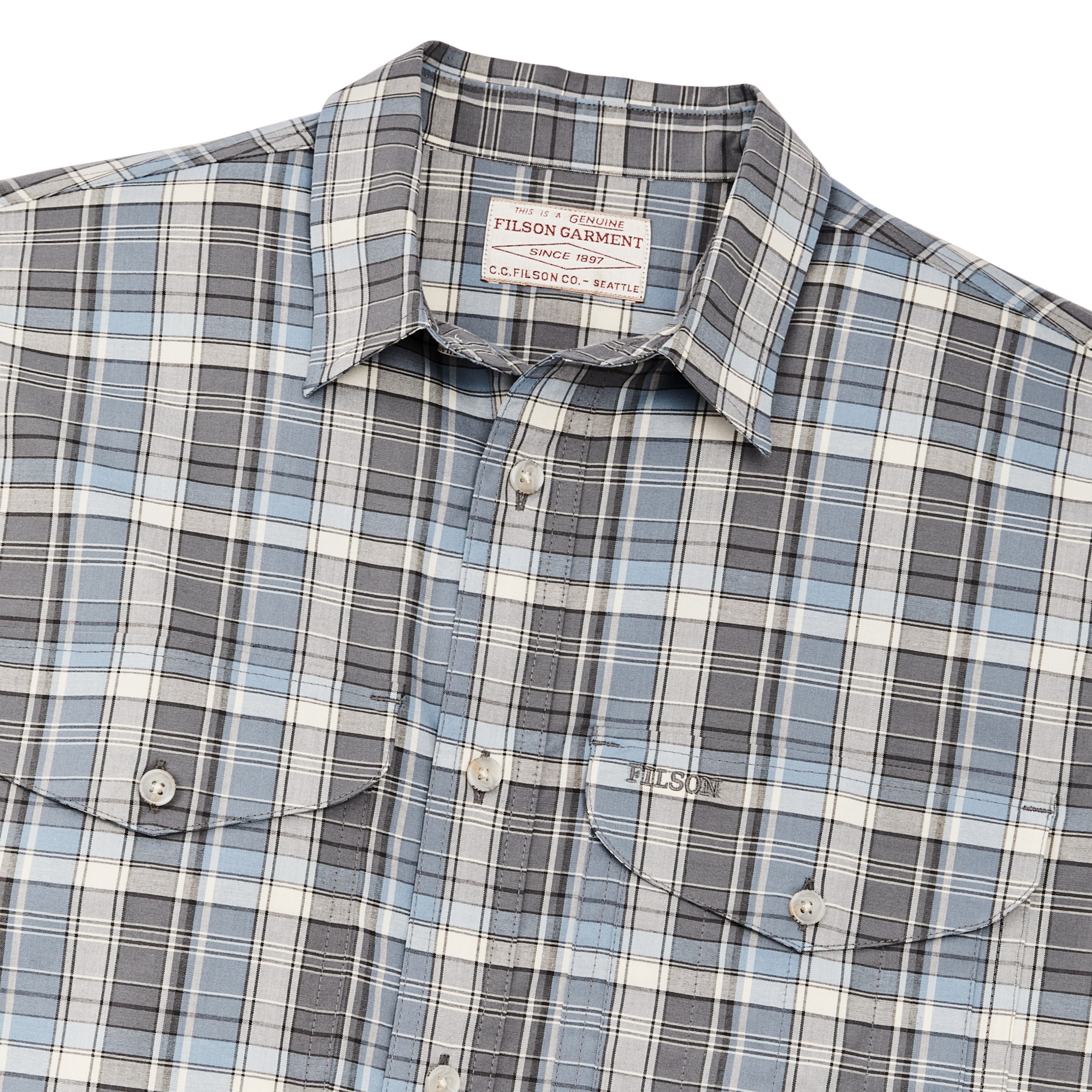 Twin Lakes Short Sleeve Sport Shirt - Gray / Blue / Cream Plaid - Image 4
