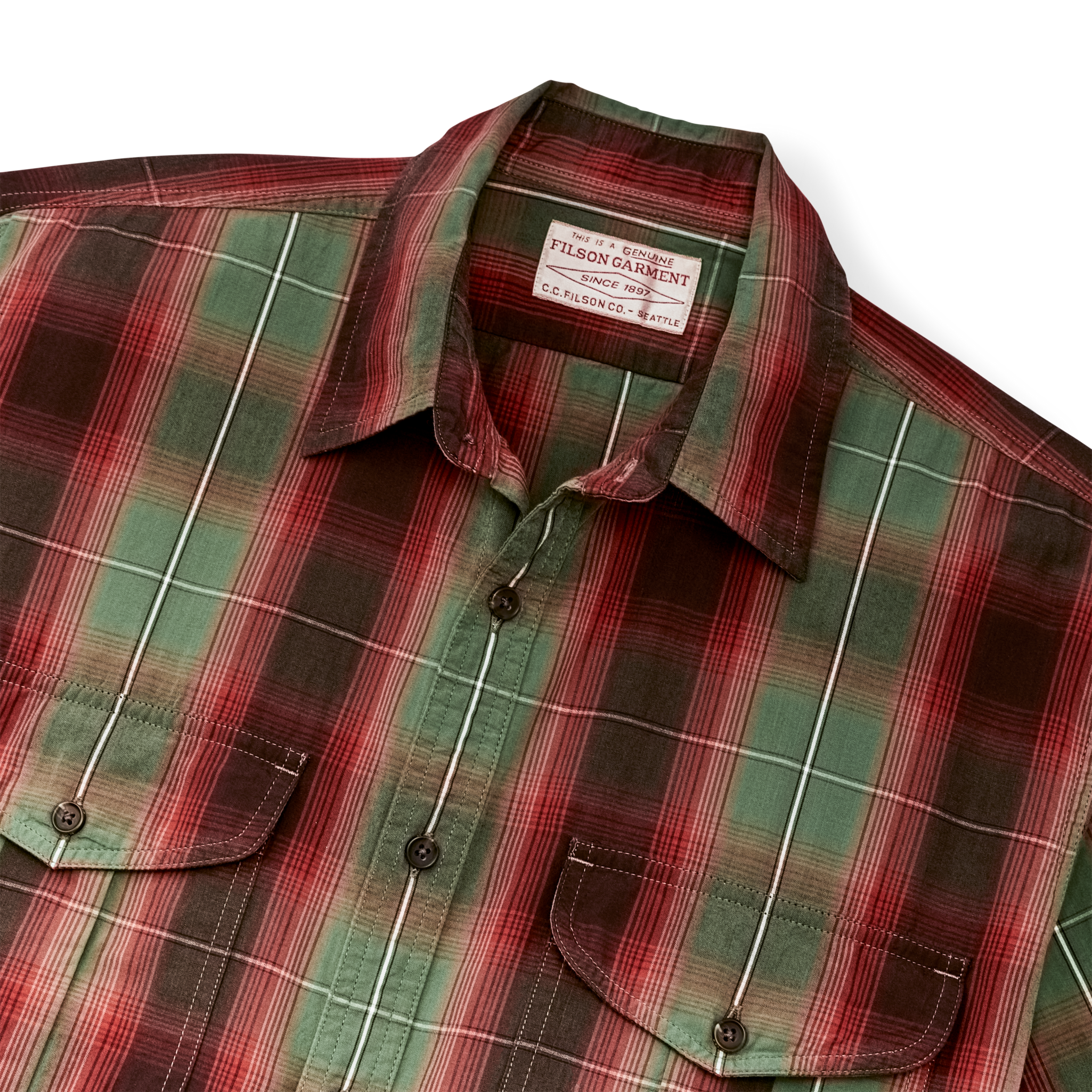 Filson's Washed Short Sleeve Feather Cloth Shirt - Green / Red / Black Ombre - Image 4